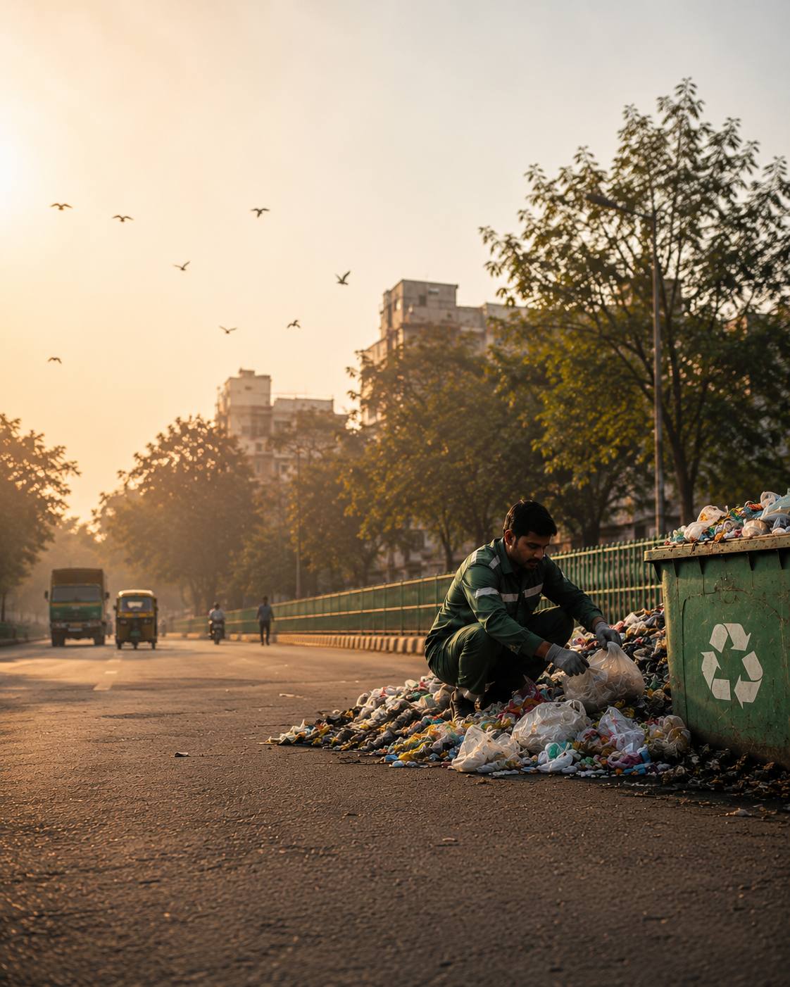 Sanitation worker sorting waste on an Indian street at dawn