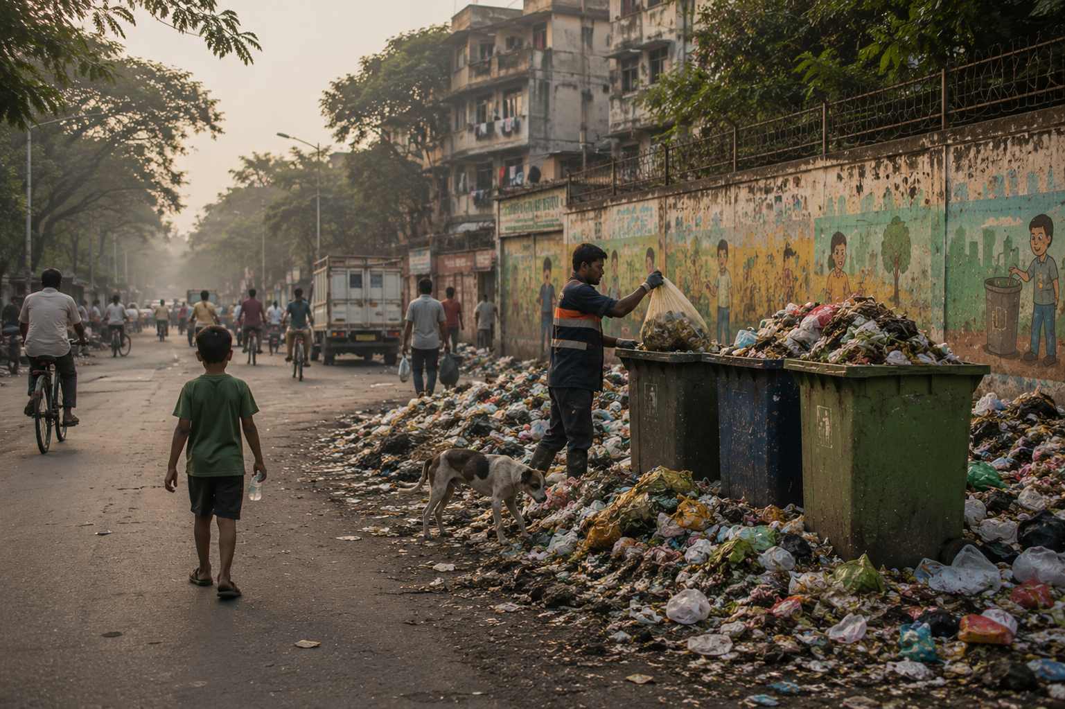 Street scene with overflowing waste bins in an Indian neighbourhood